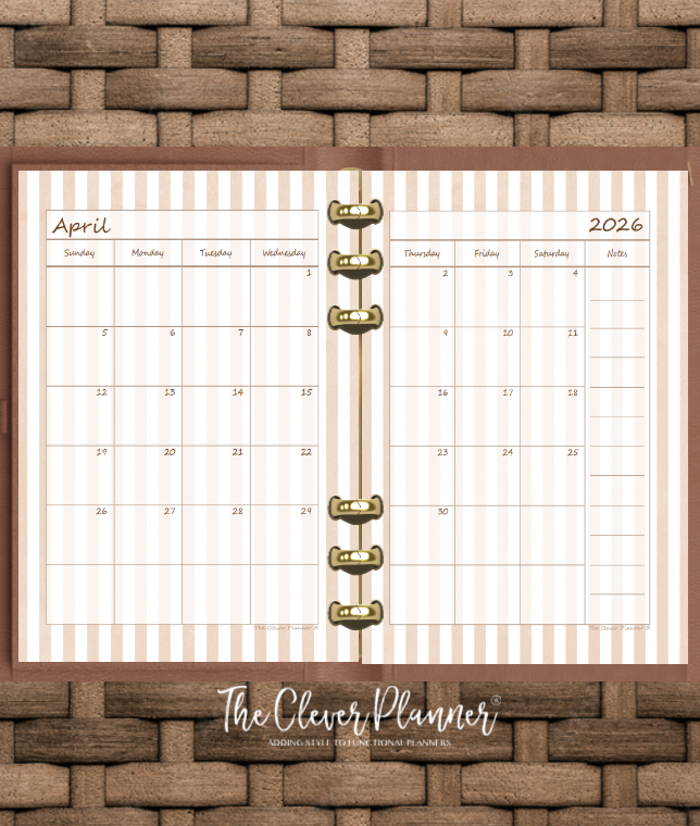 2026 Monthly Calendar (Separated) to use with monthly dividers Neutral Stripe