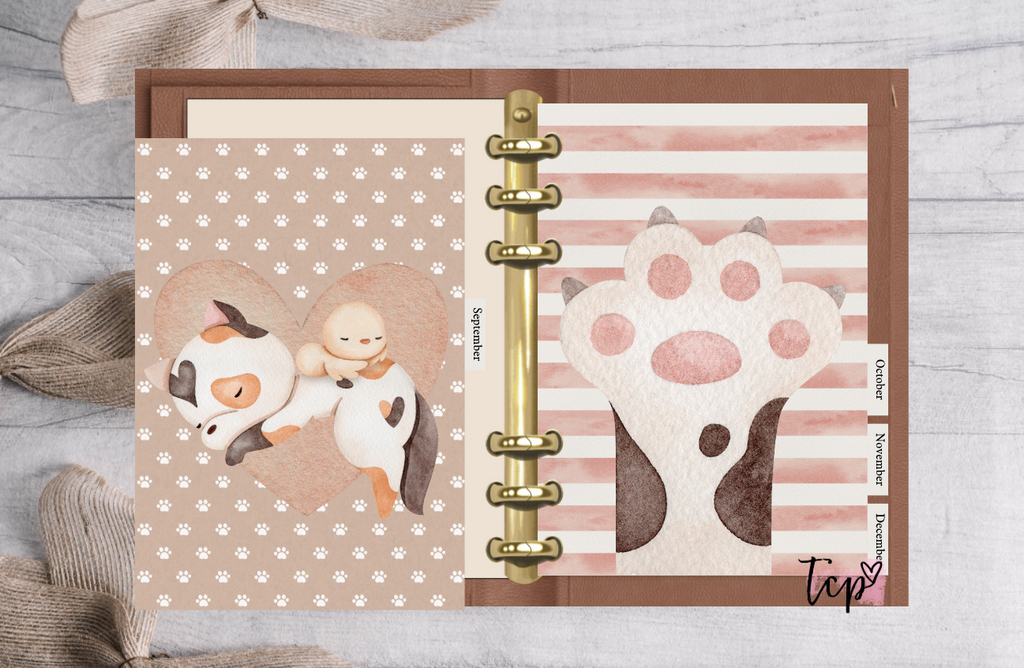 12 Month planner insert divider tab set Cat Kittens