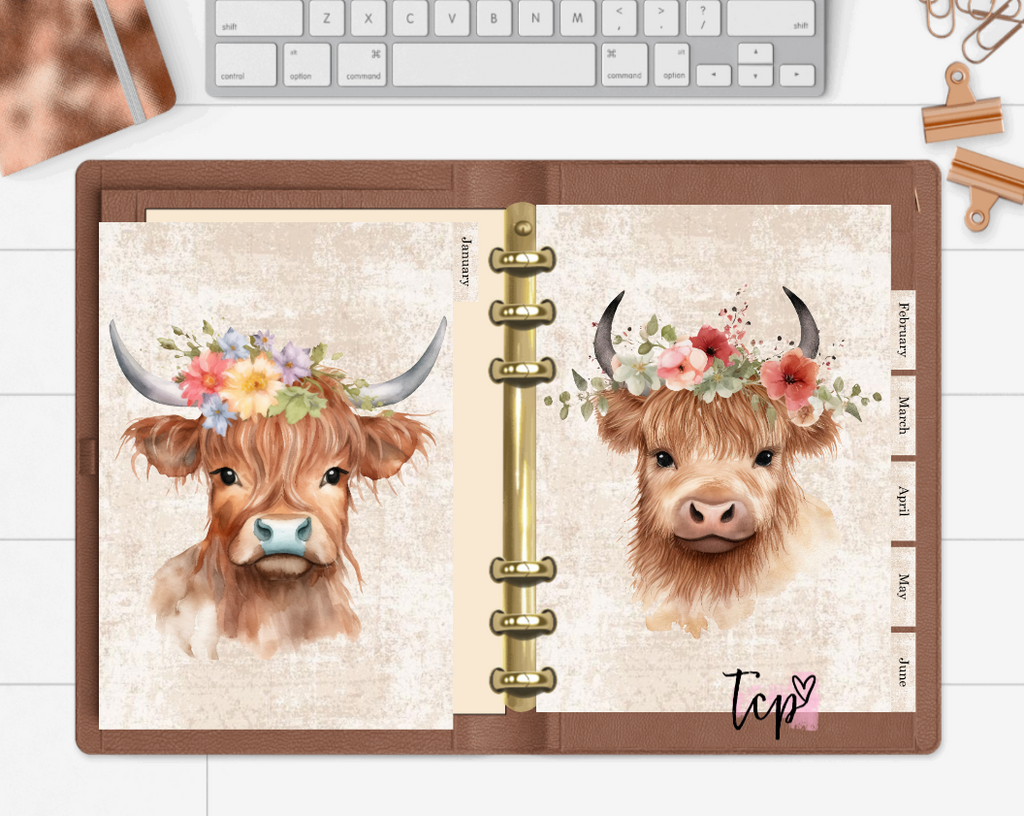 12 Month planner insert divider tab set Highland Cows