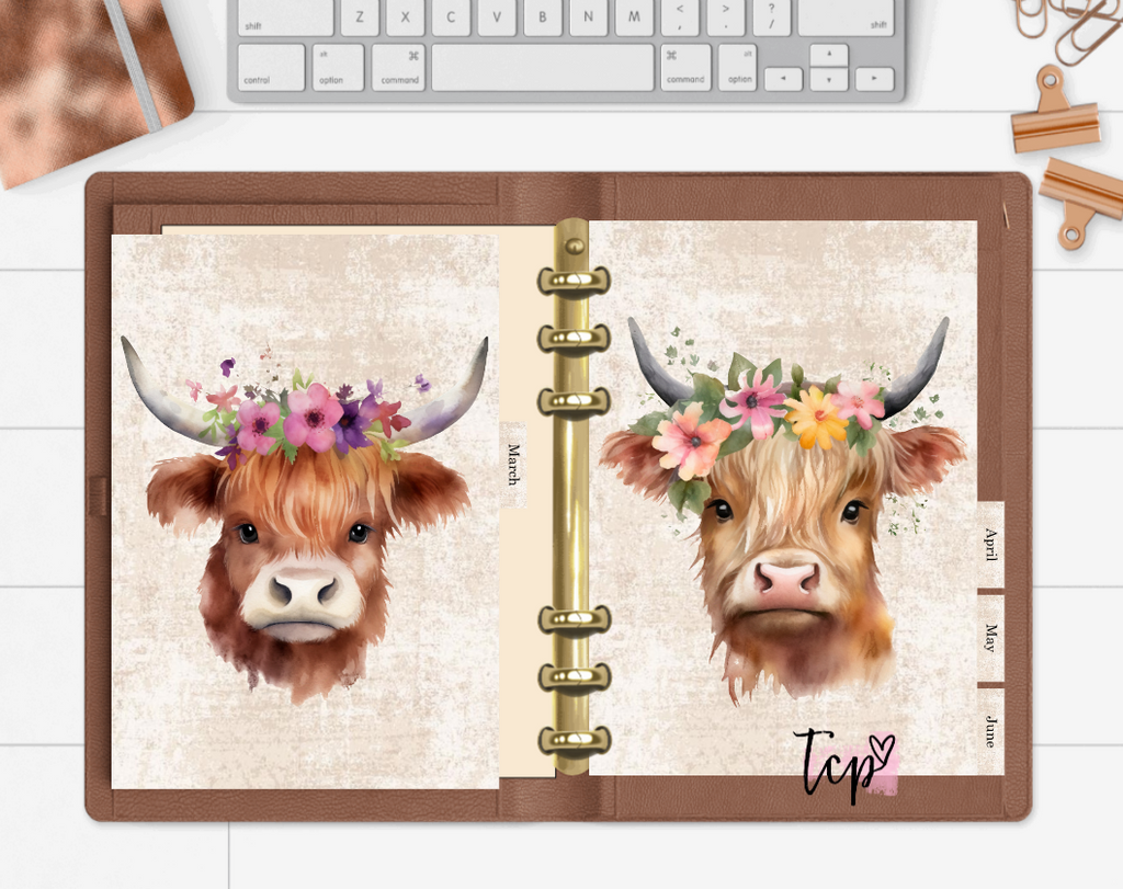 12 Month planner insert divider tab set Highland Cows