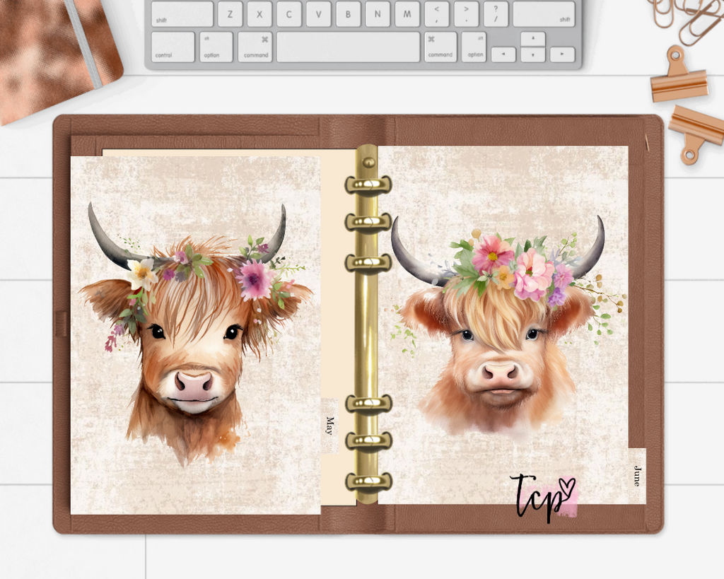 12 Month planner insert divider tab set Highland Cows