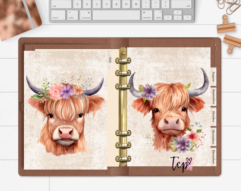 12 Month planner insert divider tab set Highland Cows