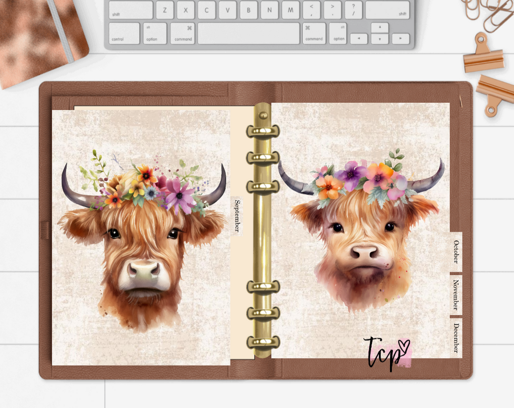 12 Month planner insert divider tab set Highland Cows