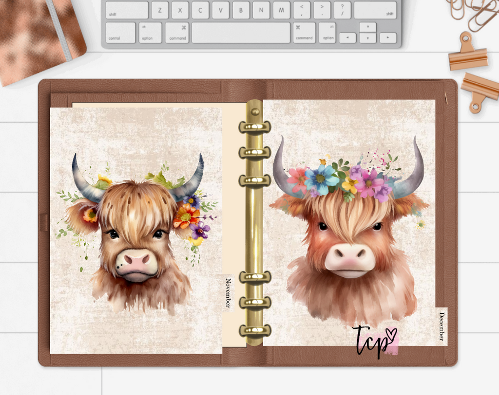 12 Month planner insert divider tab set Highland Cows