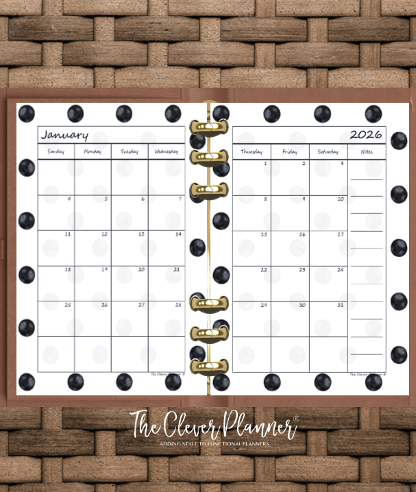 2026 Monthly Calendar (Separated) to use with monthly dividers Black Dots