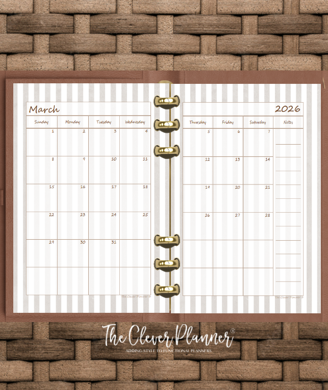 2026 Monthly Calendar (Separated) to use with monthly dividers Neutral Stripe