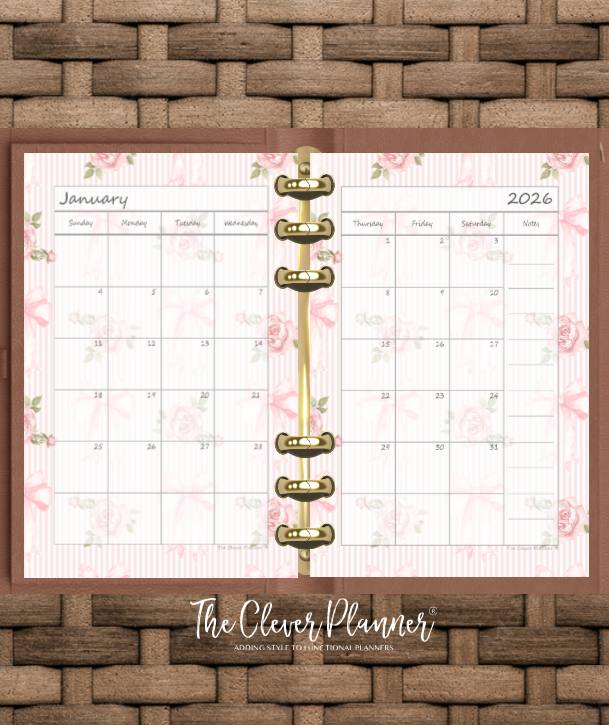 2026 Monthly Calendar (Separated) to use with monthly dividers Pink Rose and Bows
