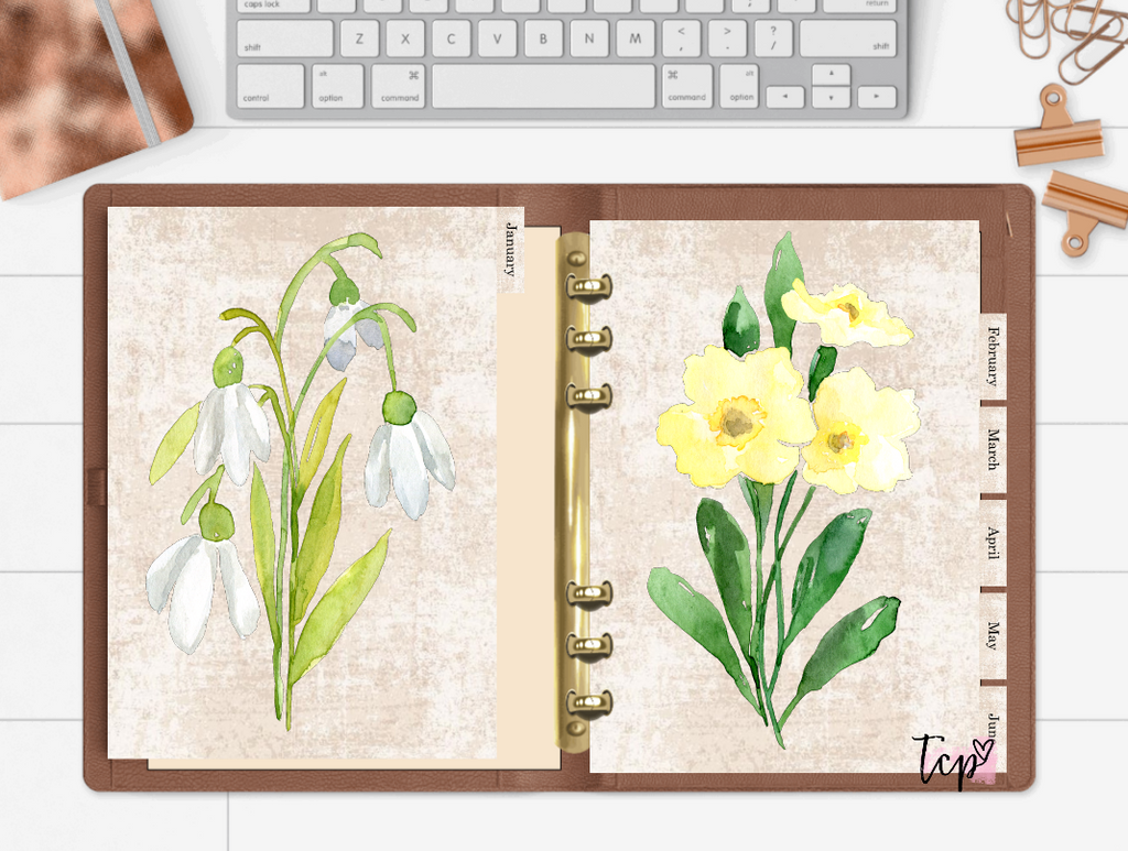 12 Month planner insert divider tab set birth month flowers