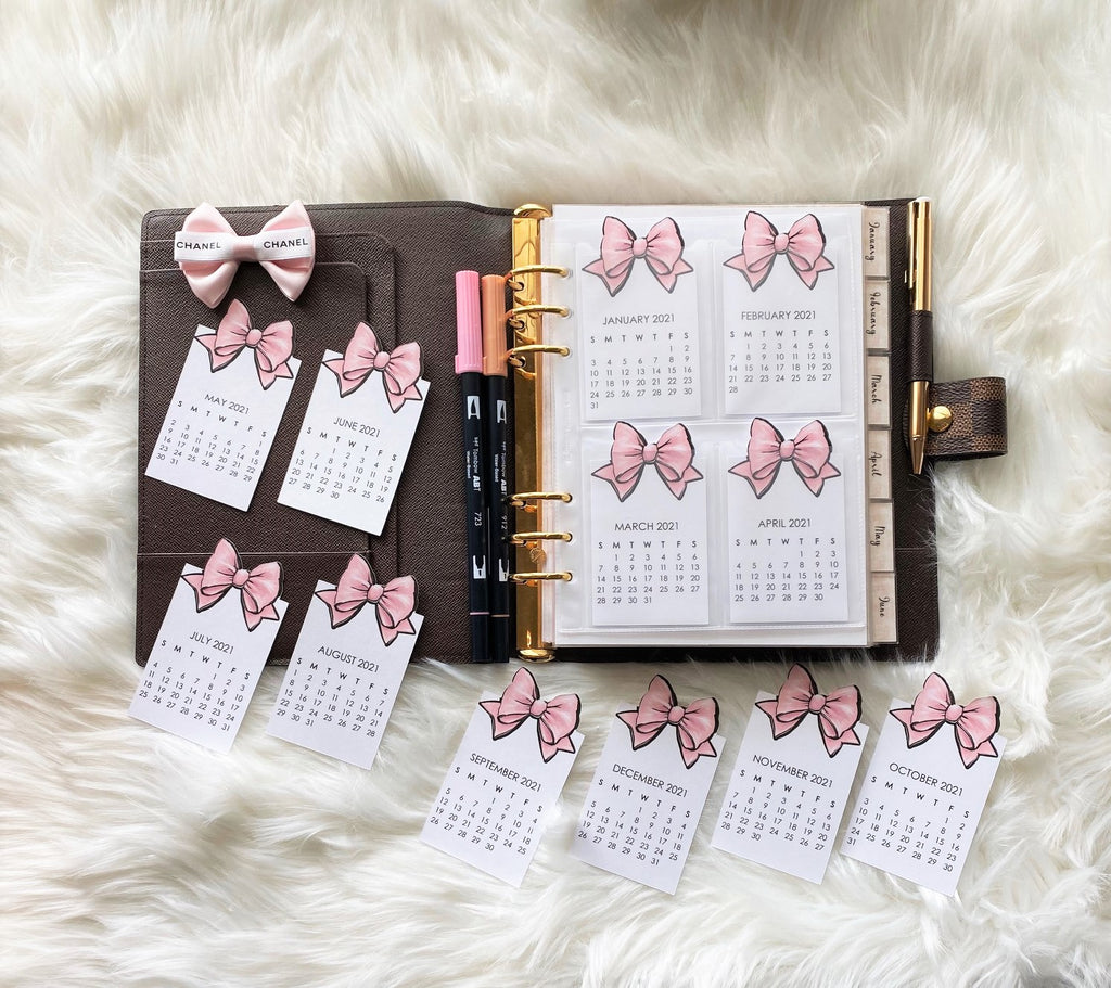 Pink Bow 12 Month Calendar Planner Cards