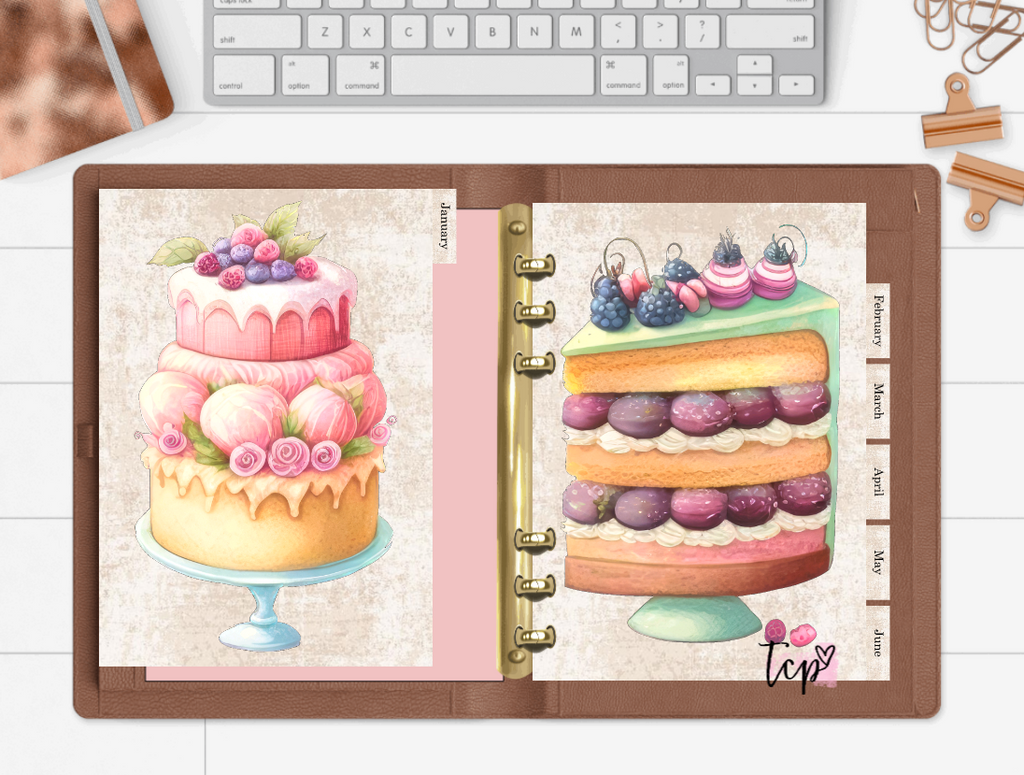 12 Month planner insert divider tab set birthday cakes