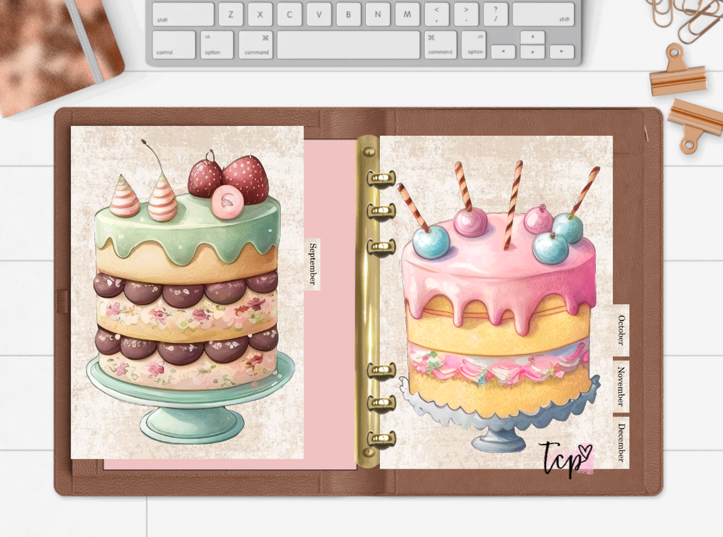 12 Month planner insert divider tab set birthday cakes